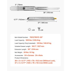 Täyspitkät lukittavat kuulalaakerikiskot sivukiinnitys 914 mm ulosveto kantavuus 226,8 kg