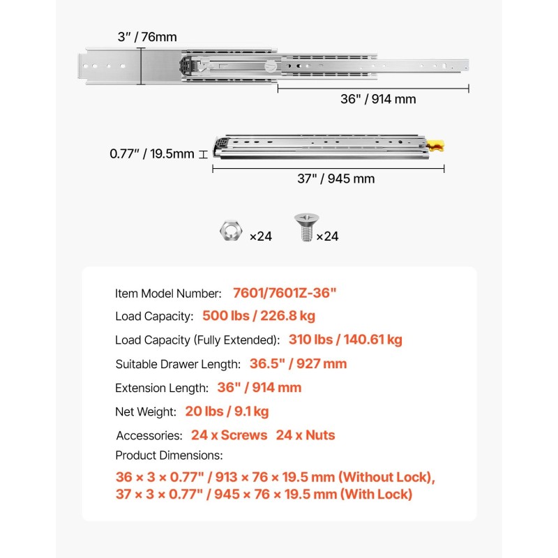 Täyspitkät lukittavat kuulalaakerikiskot sivukiinnitys 914 mm ulosveto kantavuus 226,8 kg