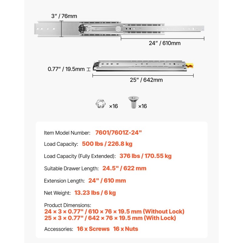 Liukukiskopari teräs 610 mm ulosvetopituus 226,8 kg kantavuus lukitustoiminnolla