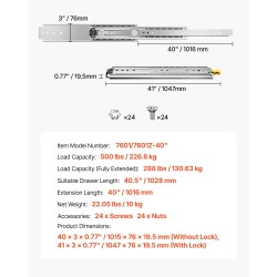 Sivukiinnitteiset kuulalaakeroidut teräslaatikkokiskot täysi ulosveto 1028 mm 226,8 kg pari