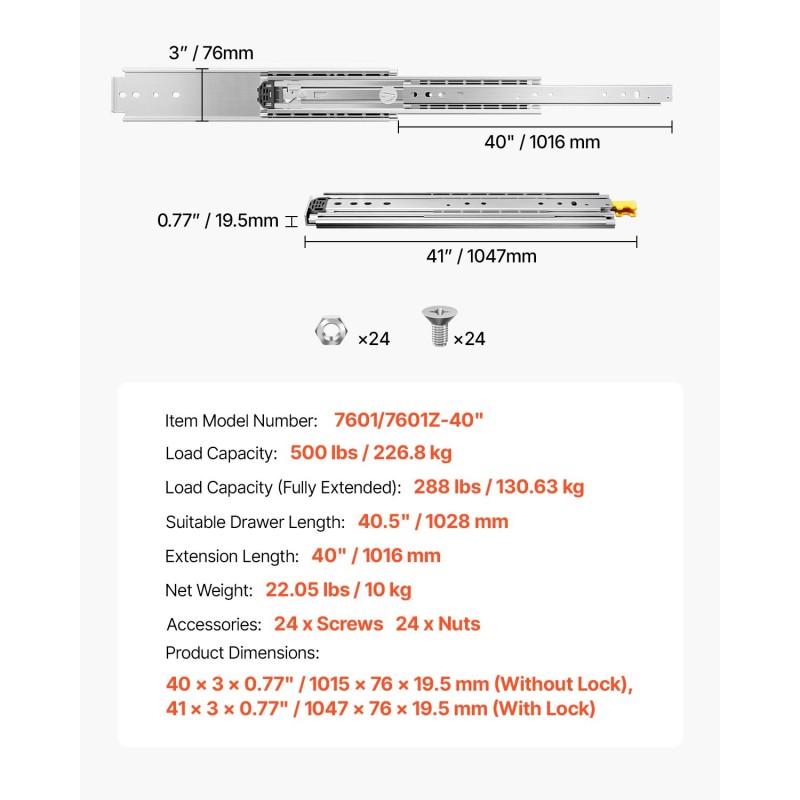 Sivukiinnitteiset kuulalaakeroidut teräslaatikkokiskot täysi ulosveto 1028 mm 226,8 kg pari