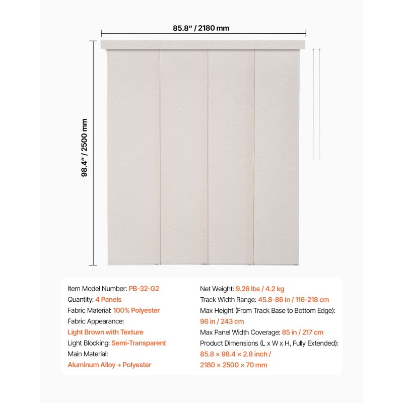 Paneeliverho polyesteri 4 paneelia säädettävä kisko 116–218 cm leikattava korkeus 243 cm