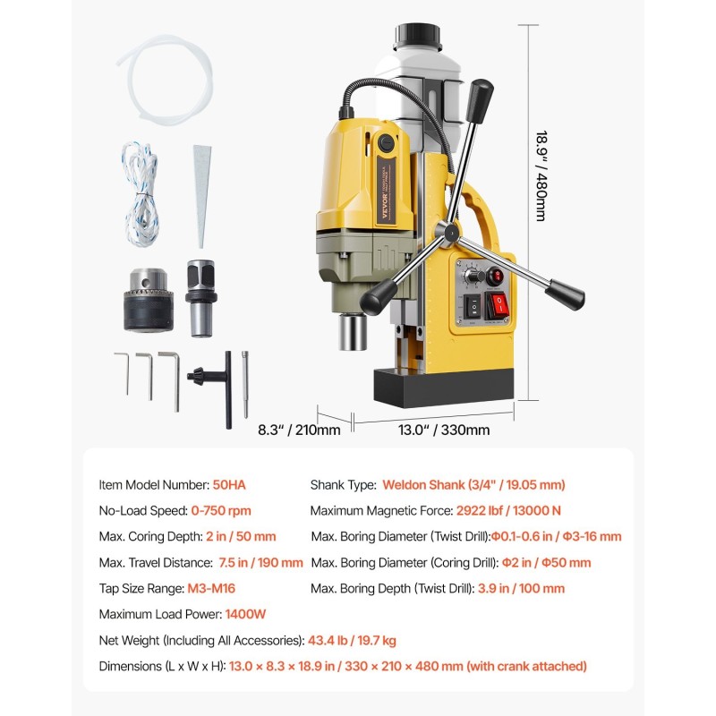 Magneettiporakone 1400 W metalliporaukseen 50 mm kruunupora 13000 N pidätysvoima