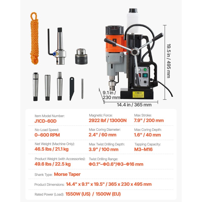 Magneettinen pylväsporakone metallirunkoinen 1500W maksimi poran halkaisija 60 mm 13000N pitovoima