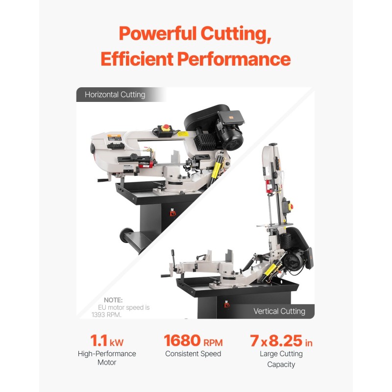 Metallinen vaaka- ja pystyyn käännettävä vannesaha 1,1 kW 178 x 209 mm