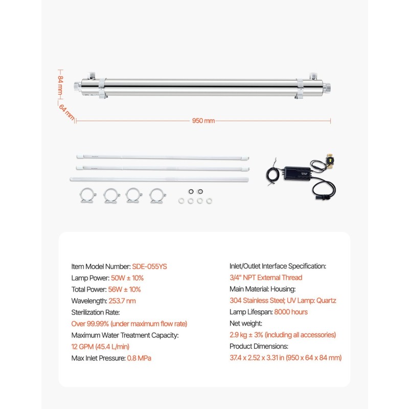 UV-vedenpuhdistin 304-ruostumaton teräs koko talon 50W 45,4 l/min