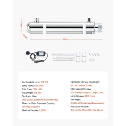 UV-vesipuhdistin kotitalouskäyttöön 304-ruostumaton teräskotelo kvartsiholkilla 12 watin