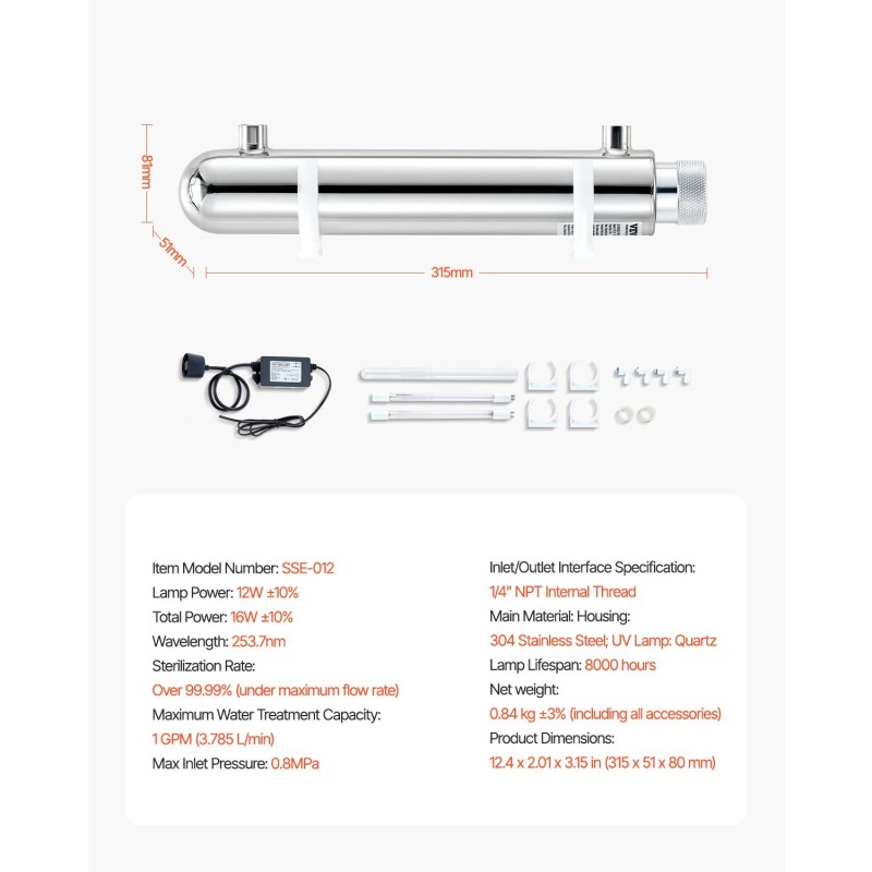 UV-vesipuhdistin kotitalouskäyttöön 304-ruostumaton teräskotelo kvartsiholkilla 12 watin
