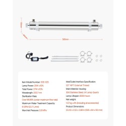 UV-vedenpuhdistin 304-ruostumattomasta teräksestä 25 W 22,7 l/min 8000 tuntia