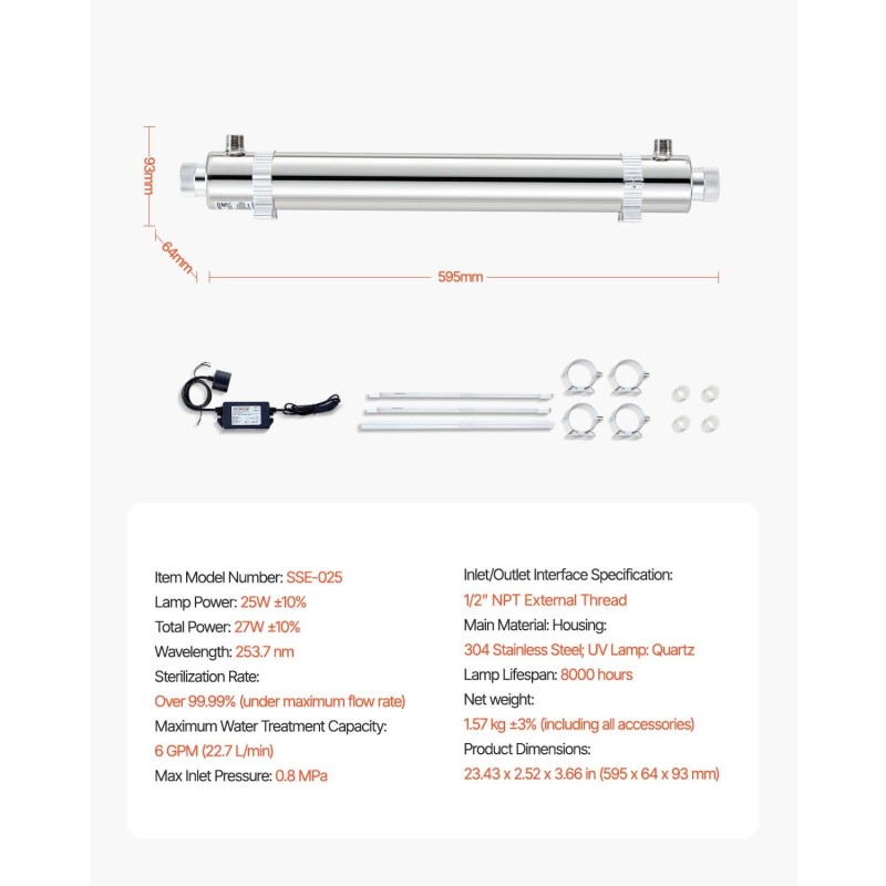 UV-vedenpuhdistin 304-ruostumattomasta teräksestä 25 W 22,7 l/min 8000 tuntia