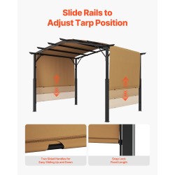 Pergola teräsrunko kolme metriä leveä ja kolme metriä syvä polyesterikatoksella beige