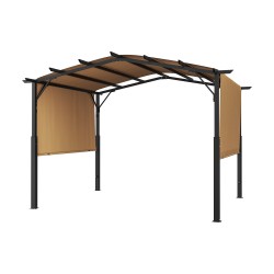 Pergola teräsrunko kolme metriä leveä ja kolme metriä syvä polyesterikatoksella beige
