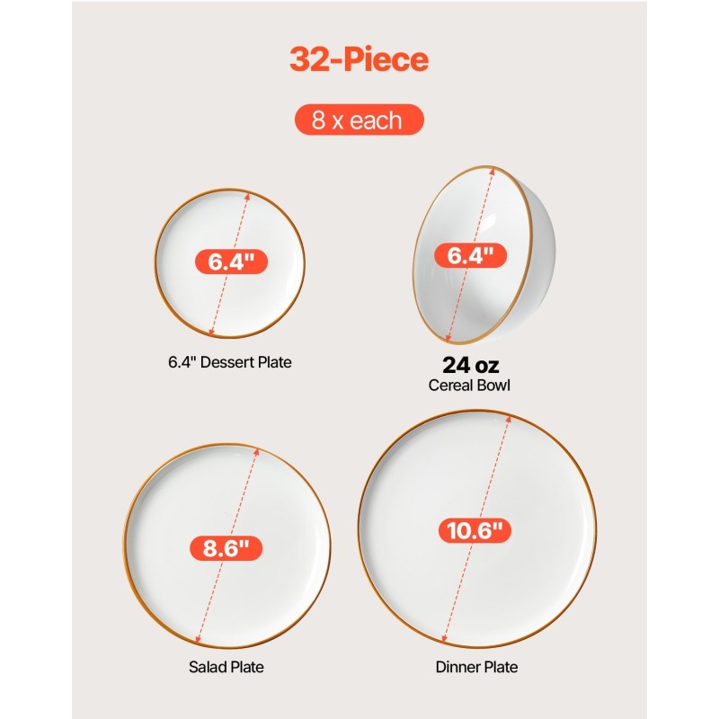 Keramiikkainen 32-osainen astiasetti 8 hengelle norsunluun sävy astianpesukone- ja mikroaaltouunikestävä