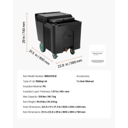 Eristetty jäätelokero kestävä muovirakenne 56,7 kg kapasiteetti 45 mm polyuretaanieriste