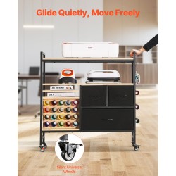 Liikuteltava askartelupöytä pyörillä musta 3 kuitukangaslaatikkoa 20 rullipidikettä 50 kg kantavuus