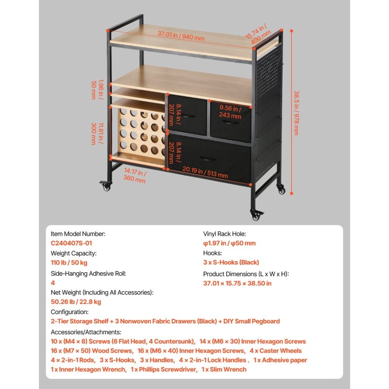 Liikuteltava askartelupöytä pyörillä musta 3 kuitukangaslaatikkoa 20 rullipidikettä 50 kg kantavuus