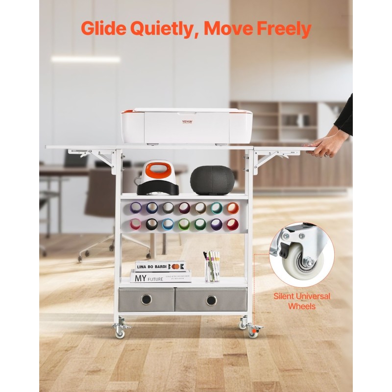 Rullaava taittuva askartelupöytä kolmitasoinen hylly kaksi kangaslaatikkoa neljätoista rullapaikkaa