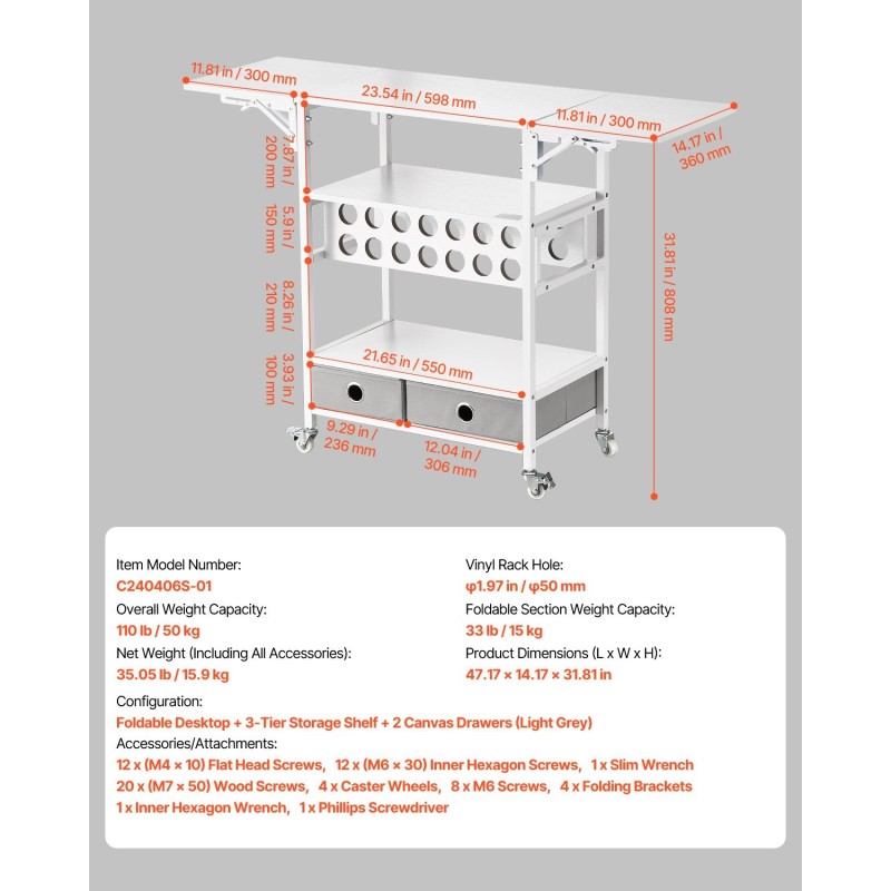 Rullaava taittuva askartelupöytä kolmitasoinen hylly kaksi kangaslaatikkoa neljätoista rullapaikkaa