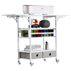 Rullaava taittuva askartelupöytä kolmitasoinen hylly kaksi kangaslaatikkoa neljätoista rullapaikkaa