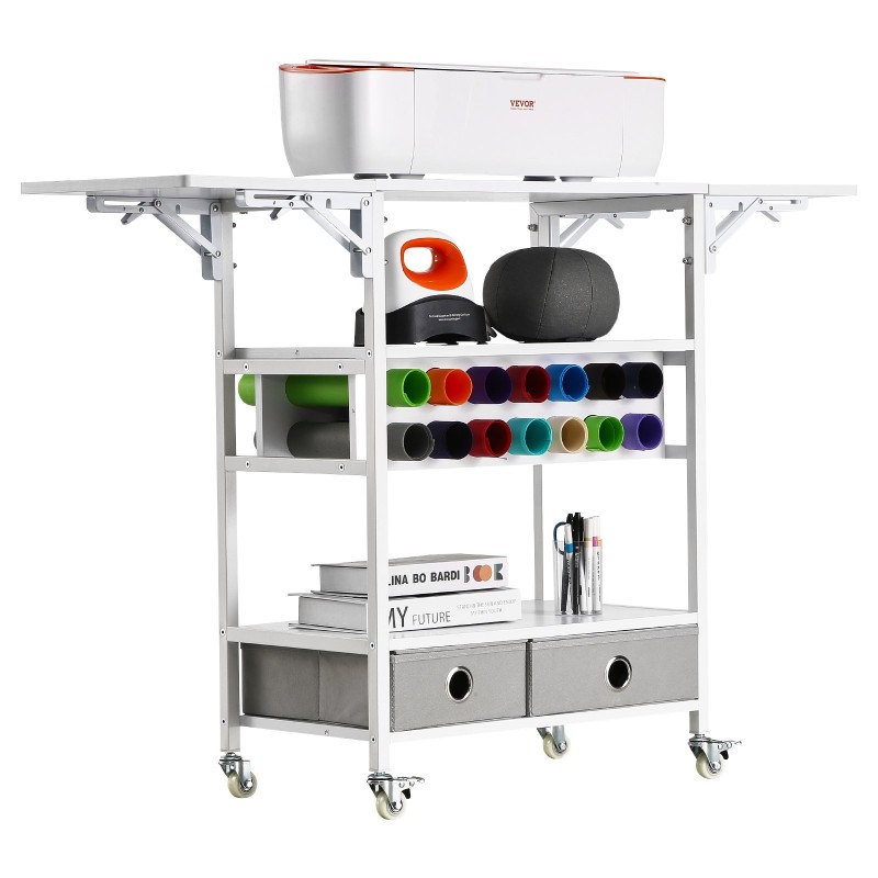 Rullaava taittuva askartelupöytä kolmitasoinen hylly kaksi kangaslaatikkoa neljätoista rullapaikkaa