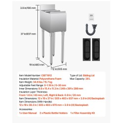 Jäähylly 28 L ruostumaton teräs ammattikäyttöön liukukansi 2 pullotelinettä