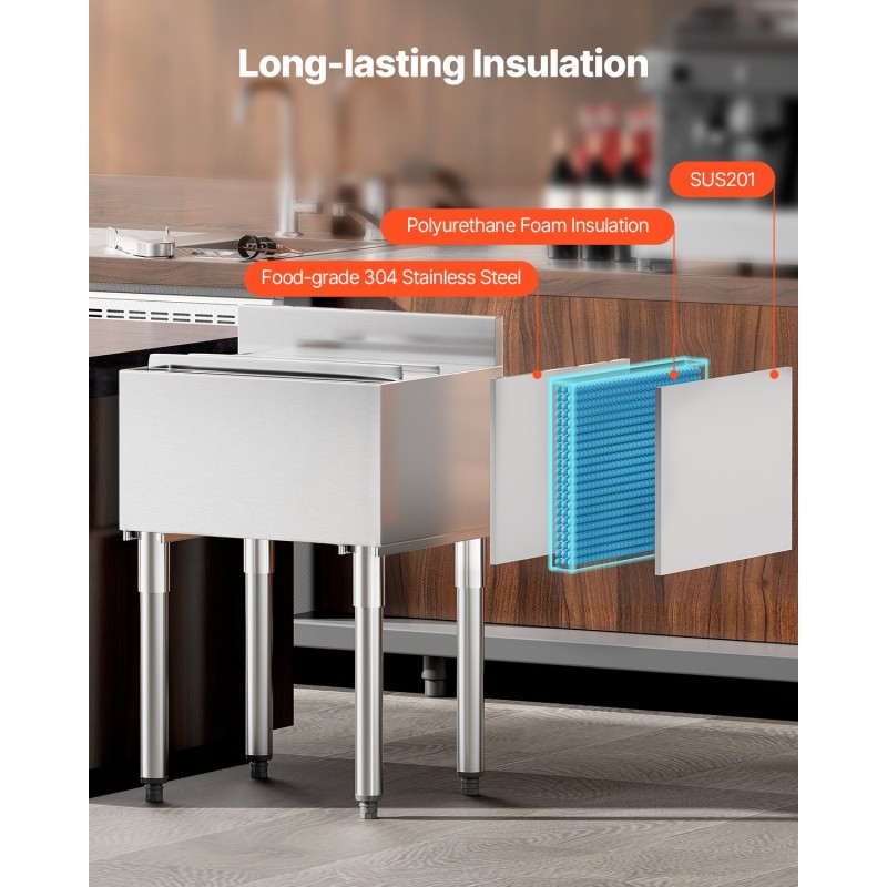 Sisäänrakennettava jäälokero 61 l 304-ruostumatonta terästä NSF-sertifioitu