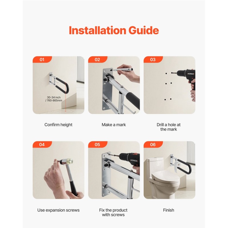 Wc-turvakaide kääntyvä alumiini 30-tuumainen 136 kg EVA-vaahtokahva