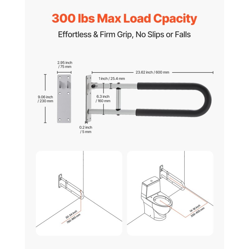 Kääntyvä WC-turvakaide alumiinia 136 kg kantavuus mattahopea