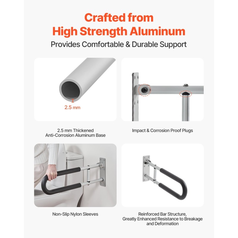 Kääntyvä WC-turvakaide alumiinia 136 kg kantavuus mattahopea