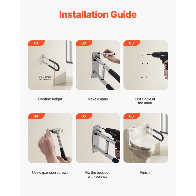 Kääntyvä WC-turvakaide alumiinia 136 kg kantavuus mattahopea