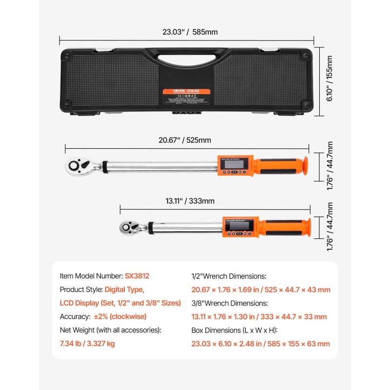 Digitaalinen momenttiavainsarja 2-osainen 1/2 ja 3/8 LCD-näytöllä