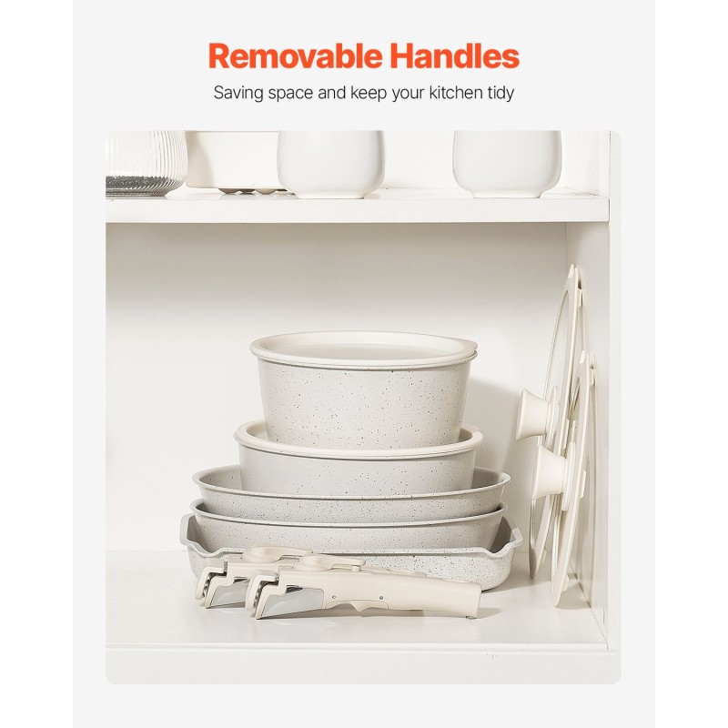 Kattila- ja paistinpannisarja 17-osainen tarttumaton induktiolle sopiva valkoinen irrotettavat kahvat