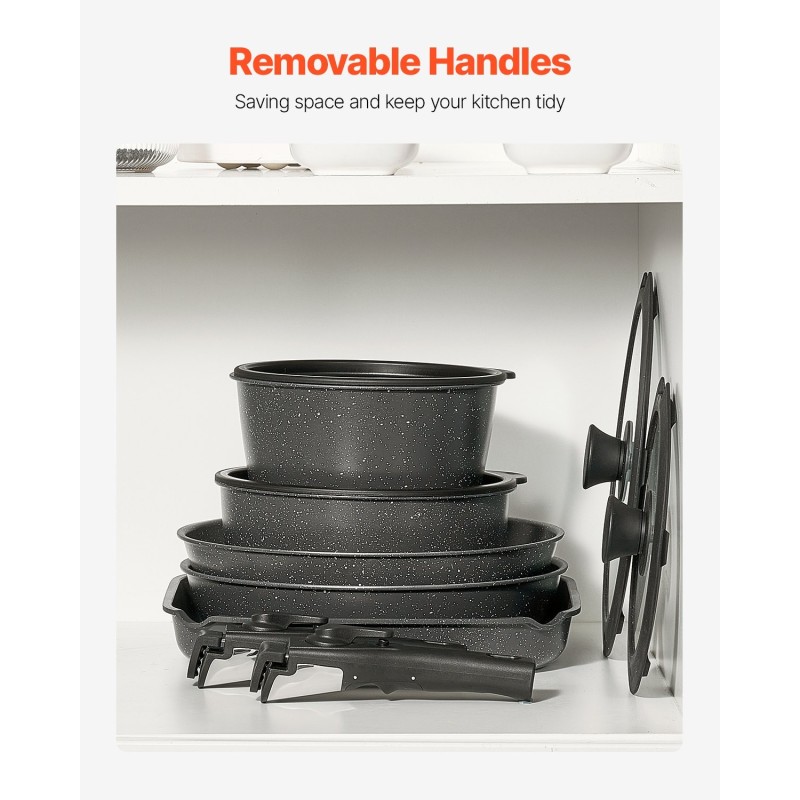 17-osainen kattila- ja pannusarja graniittipinnoitteella irrotettavalla kahvalla induktioyhteensopiva