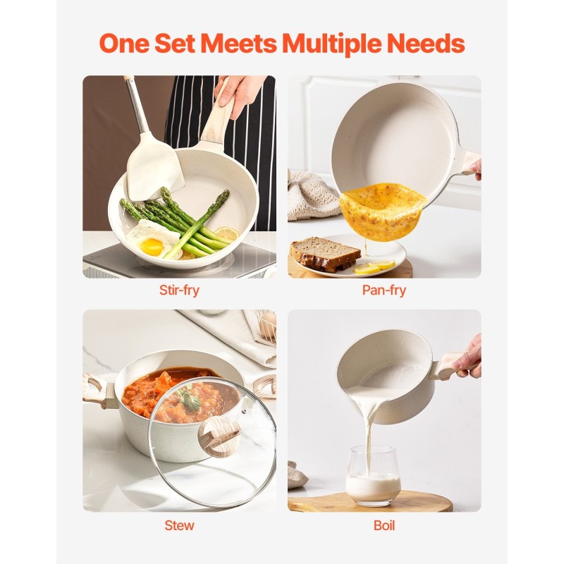 Kattila- ja paistinpannisarja 17-osainen graniittipinnoitteinen tarttumaton induktiolle valkoinen