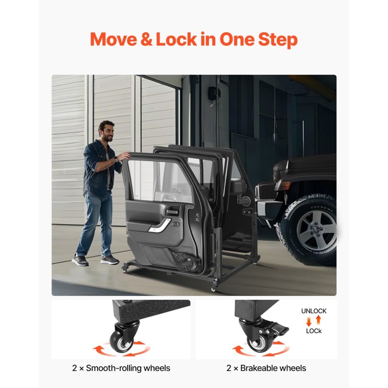 Teräksinen säilytyskärry neljän Jeep-oven säilytykseen 2007–2023 kumipehmusteilla ja jarrullisilla pyörillä
