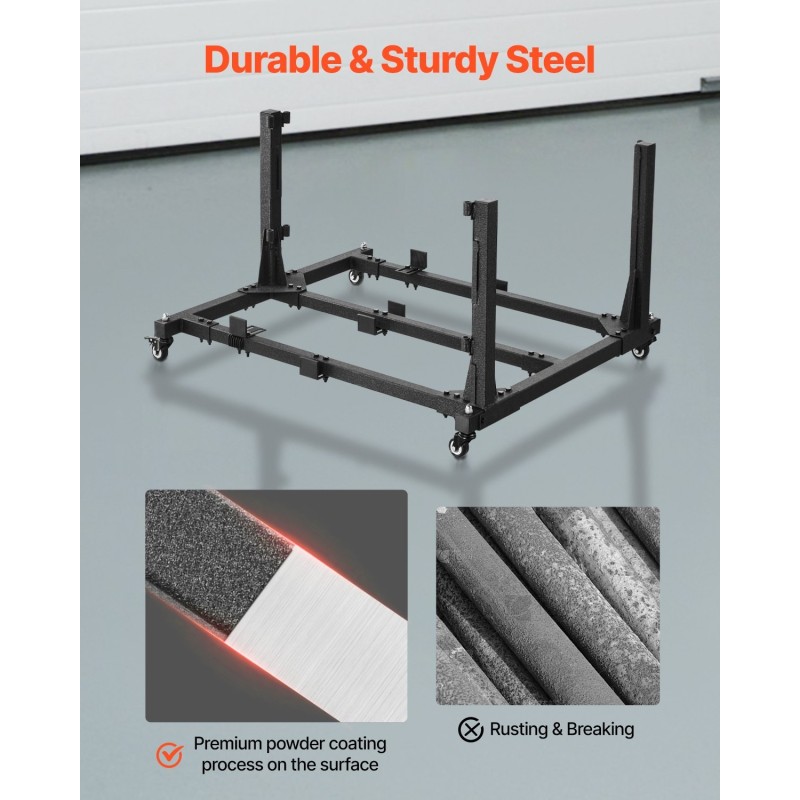 Teräksinen säilytyskärry neljän Jeep-oven säilytykseen 2007–2023 kumipehmusteilla ja jarrullisilla pyörillä