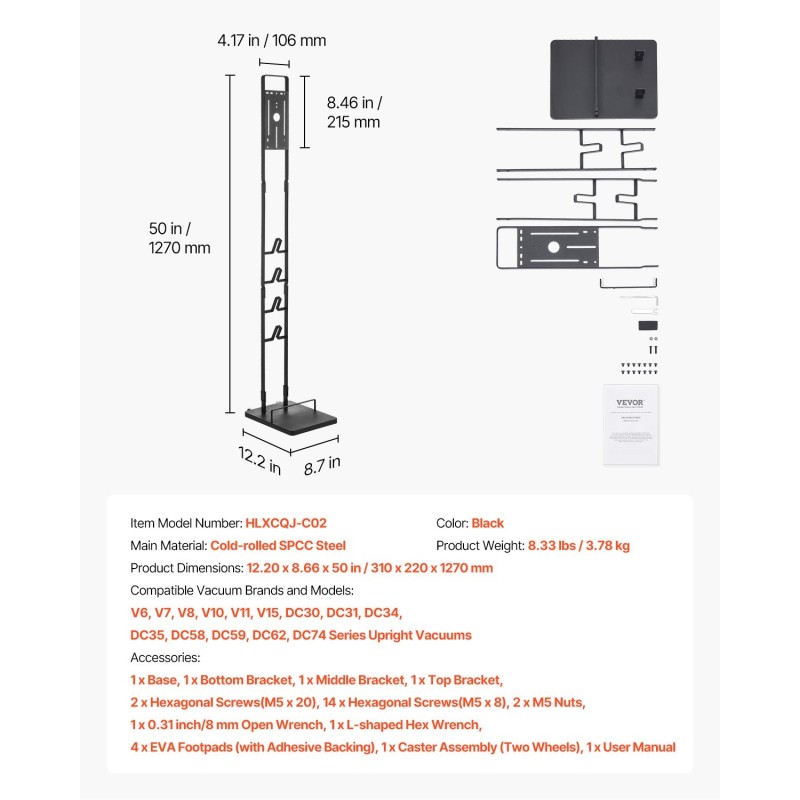 Imuritelineteline kylmävalssatusta teräksestä 127 cm musta yhteensopiva Dysonin imureiden kanssa