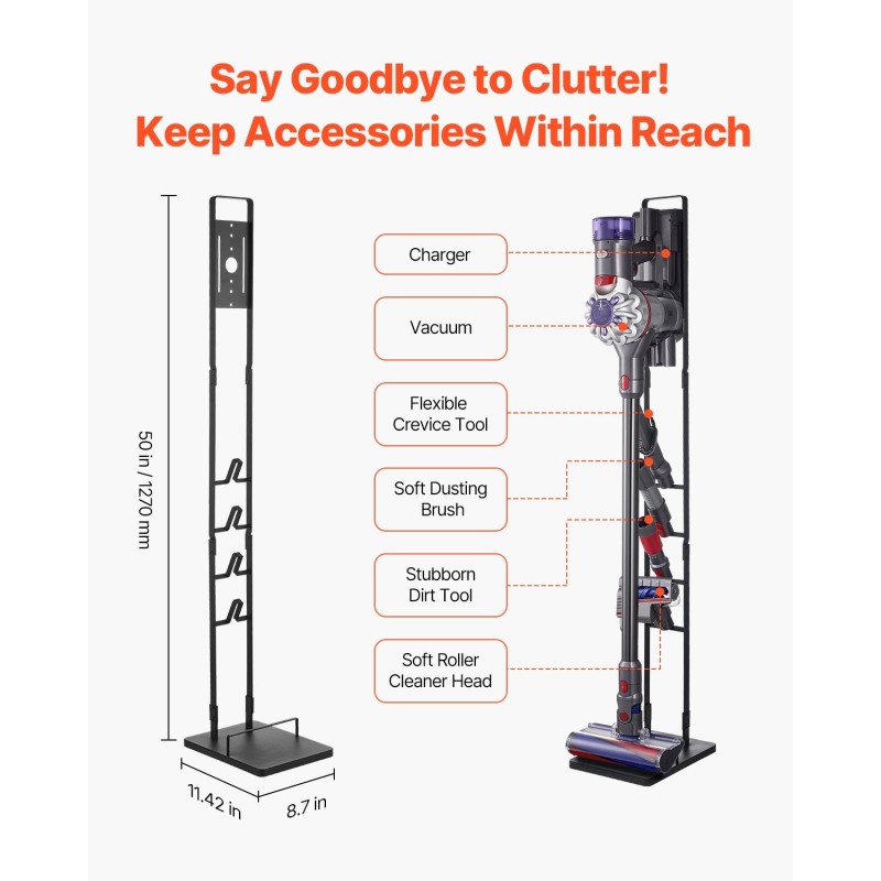 Pölynimuriteline kylmävalssattu teräs 1270 mm musta vapaasti seisova 4 koukkua yhteensopiva Dyson