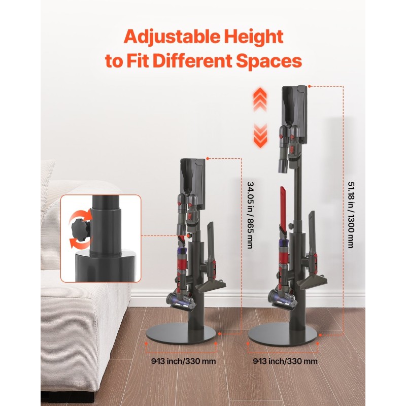 Pölynimurin teline säädettävä korkeus 34–51 tuumaa hiiliteräs itseseisova 3 pidikettä 6 lisävarusteelle