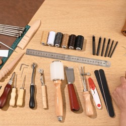 Nahkatyökalusarja 59-osainen säädettävällä uritusraudalla metalliset ja puiset osat kankainen säilytyslaukku