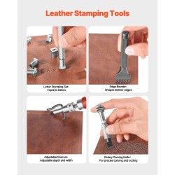 Nahkatyökalusarja 61-osainen metalliosilla ja puisilla kahvoilla kangassäilytyslaukulla nahkatöihin