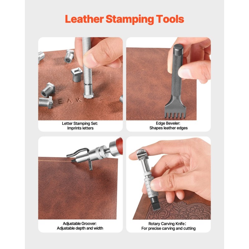 Nahkatyökalusarja 61-osainen metalliosilla ja puisilla kahvoilla kangassäilytyslaukulla nahkatöihin