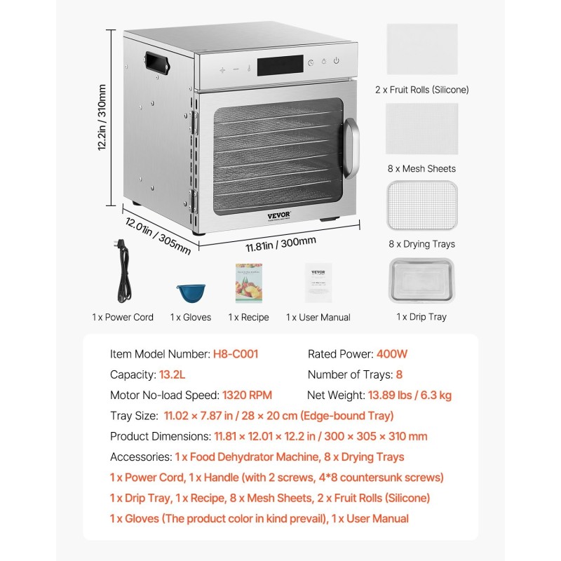 Sähköinen elintarvikekuivuri kahdeksan kerrosta ruostumattomat teräshyllyt säädettävä lämpötila digitaalinen ohjaus