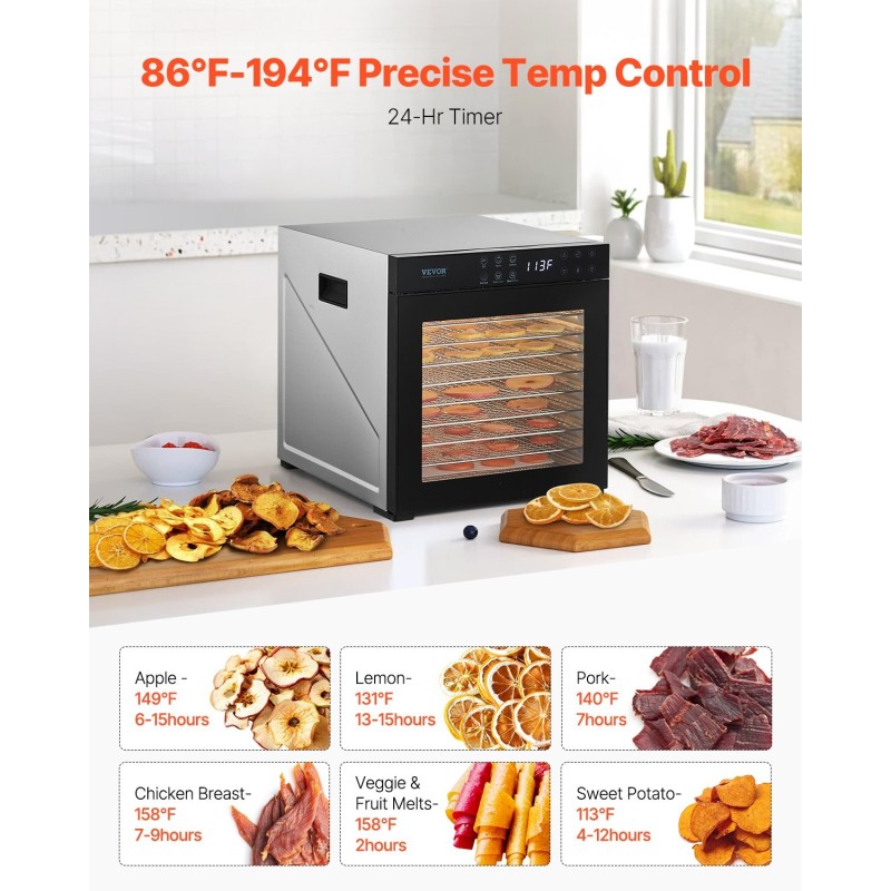 Elintarvikekuivain 1000W 10 ruostumattomasta teräksestä tehtyä tarjotinta 25L säädettävä lämpötila