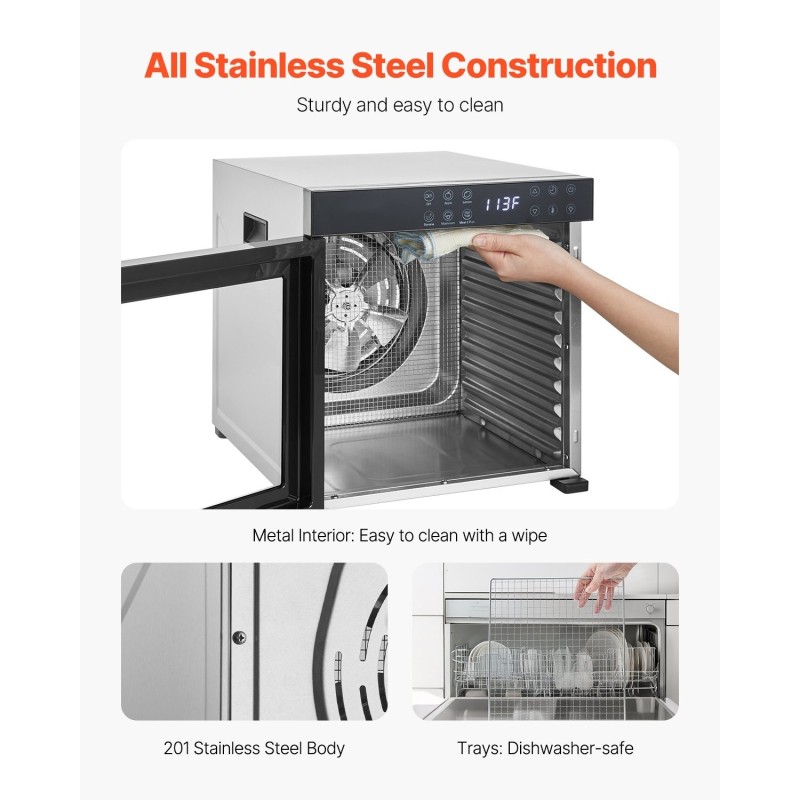 Elintarvikekuivain 1000W 10 ruostumattomasta teräksestä tehtyä tarjotinta 25L säädettävä lämpötila