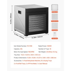 Elintarvikekuivain 1000W 10 ruostumattomasta teräksestä tehtyä tarjotinta 25L säädettävä lämpötila