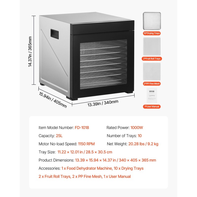 Elintarvikekuivain 1000W 10 ruostumattomasta teräksestä tehtyä tarjotinta 25L säädettävä lämpötila