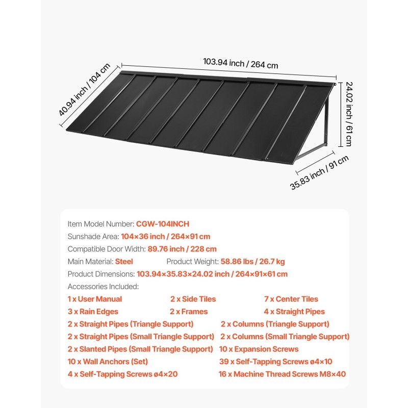 Teräksinen katos oveen 2641×910 mm musta 0,8 mm teräslevyt