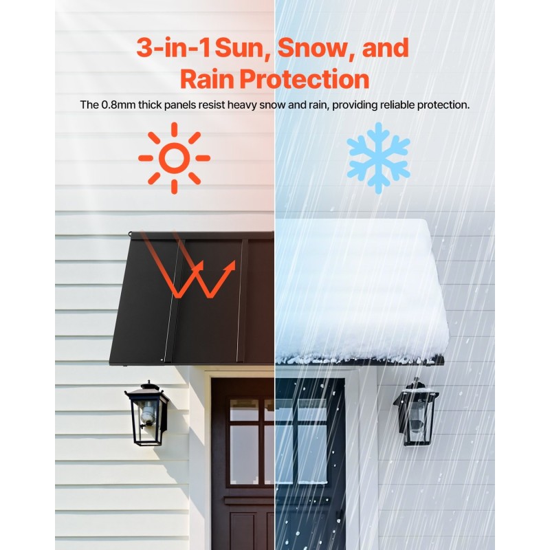 Teräs ovikatos 1430 millimetriä leveä 610 millimetriä syvä musta oville ja ikkunoille