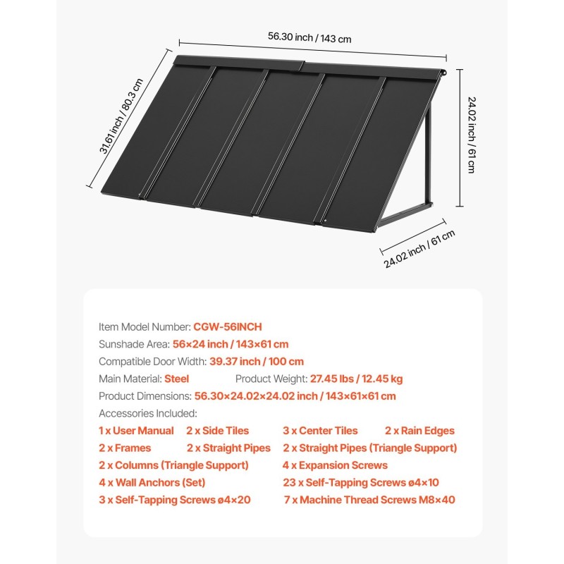 Teräs ovikatos 1430 millimetriä leveä 610 millimetriä syvä musta oville ja ikkunoille